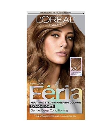L'Oreal Paris Feria Multi-Faceted Shimmering Permanent Hair Color  63 Sparkling Amber (Light Golden Brown)  Pack of 1  Hair Dye 1 Count (Pack of 1) BLACKS & BROWNS 63 Sparkling Amber (Light Golden Brown)