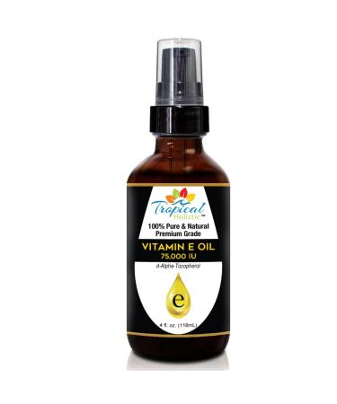 100% Pure Vitamin E Oil (4oz / 118mL) - 75 000 IU Plant Based Natural D-Alpha Tocopherol for Hydrated Skin Scars Age Spot Full Bathe Body Oil Nails Face & Hair 4 Fl Oz (Pack of 1)