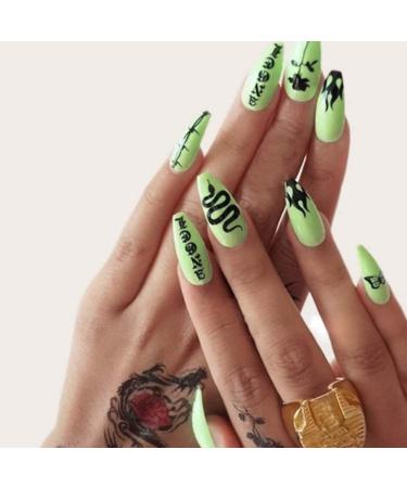 Poliphili 24Pcs Fashion Glossy Full Cover Coffin Pattern Acrylic Fake Nails Tips Party Night Club Clip Press on Acrylic False Nails Kits with Design for Women and Girls (Neon Green)