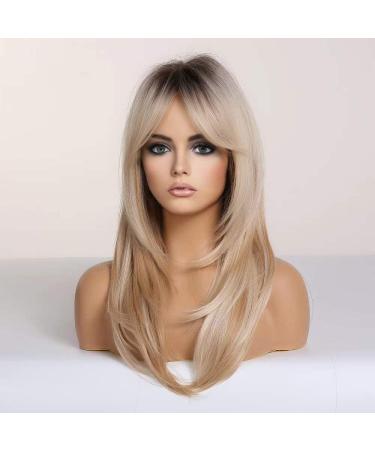 Buy EMMOR Ombre Blonde Long Curly Wigs for Women - Heat Resistant Synthetic with Bangs | International Shipping Available - Buy Online on GoSupps.com