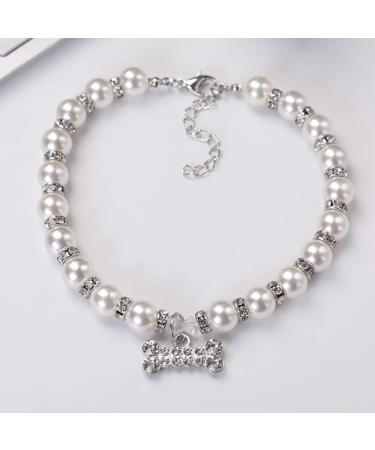 RayMinsino Pet Pearl Necklace Adjustable Diamond-Studded Dog Bone Pendant Dog Jewelry Collar L White - Buy Online on GoSupps.com
