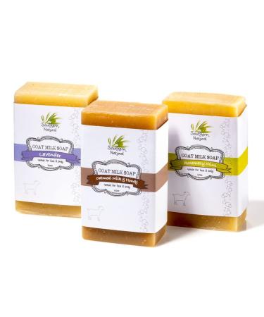 Southern Natural Goat Milk Soap Bar (Variety 3 Pack) Lavender Oatmeal Milk & Honey Rosemary Mint - For Eczema Psoriasis & Dry Sensitive Skin. (Each Bar 4-4.5 oz) Lavender/Rosemary Mint/Oatmeal Milk & Honey