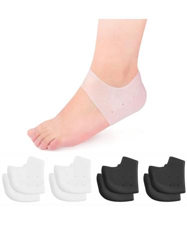 4 Pairs Heel Protectors, Silicone Heel Cups for Heel Pains,Cracked Heels, Heel Spurs, Plantar Fasciitis,Unisex Fit Gel Heel Pads, Stocking Stuffers for Men Women Teens Black + White