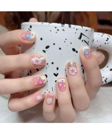 Naked color handmade wearing armor short colorful star burst diamond cute fake nail patches 10PCS (Size : M)