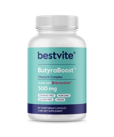 BESTVITE ButyraBoost 300mg Tributyrin Complex (60 Vegetarian Capsules) - No Stearates - Vegan - Non GMO - Gluten Free - Butyrate Gut Health Supplement 60 Count (Pack of 1)