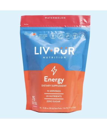 Energy Supplement Powder | Supports Focus & Mental Clarity | Slow-Absorbing Natural Caffeine for Jitter-Free Energy | Vitamins B12 & C | Watermelon Energy 15 Sticks