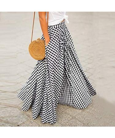 Sanahy Women's Vintage Plaid Maxi Skirt with Pockets - Black | High Waist A-Line Long Skirt for Beach and Parties - Buy Online on GoSupps.com