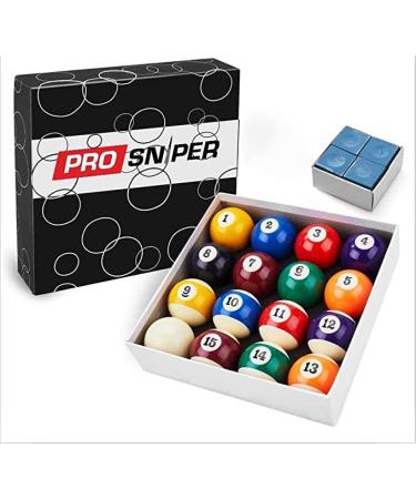 PROSNIPER Billiard Balls - 16 Premium Pool Ball Set Including 4X Cue Tips and 4X Blue Chalk I 6 oz & 2.25 inches I Pool Table Accessories for Beginners & Professionals I Made of Pure Resin standard
