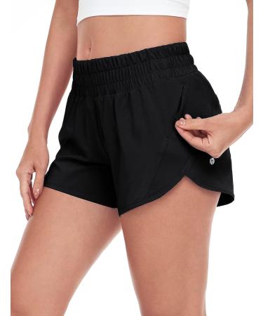 HeyNuts Stride Women's Running Shorts | Mid-Waisted Athletic Shorts with Side Pocket | Workout Shorts with Liner | 4 Inseam | Black - Buy Online on GoSupps.com