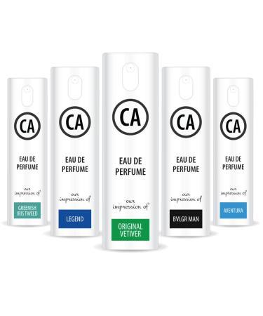 CA Perfume Niche Men Set Impression of (Aventura + Greenish Irish Tweed + Original Vetiver + Legend + Bvl. Man) Fragrance Sample Travel Size Parfum Sprayer (0.3 Fl Oz/10 ml) x5