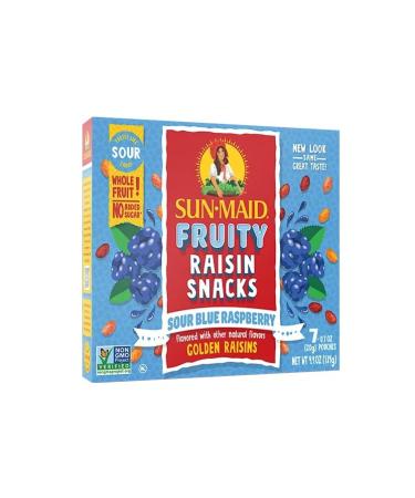 Sour Blueberry Raspberry Flavoured Raisins Snack Bundle. Includes (1) Package of Sun-Maid Fruity Raisin Snacks Sour Blue Raspberry Flavour (140g box 7 pouches) with BIG MAPLE Trivia Cards to Enjoy with Your Snack