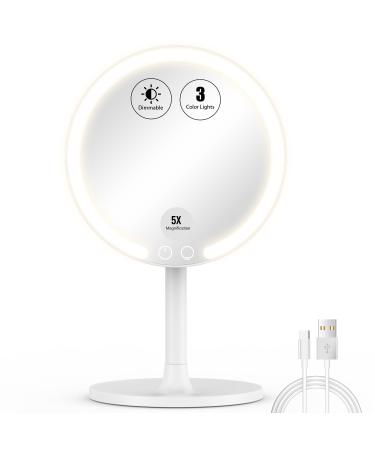 EASEHOLD 5X Magnification Rechargeable Lighted Makeup Mirror, Wireless Vanity Mirror, Type-C Charging, 56 LEDs, 3 Light Color, Touch Screen, for Tabletop, Bathroom, White 5X-Rechargeable