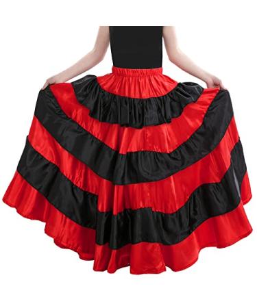 Full Circle Gypsy Tea Long Ankle Length Belly Dance Spanish Flamenco Costume Mexican Skirts for Big School Girls 8-12 Years Black-red