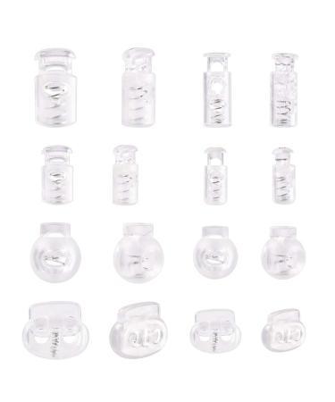 PandaHall 160pcs Clear Spring Fastener 8 Styles Plastic Spring Cord Locks Toggle Stopper Slider Buttons for Drawstring Shoelaces Clothing Backpack Bags Fastening