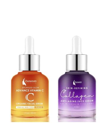 Zone - 365 Vitamin C Serum and Collagen Serum - Anti-aging Duo Bundle (1 of each Serum) - Combo Pack - Made in USA Skincare