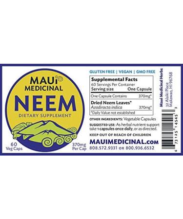 Maui Medicinal Herbs NEEM Leaf 90 Veggie Capsules - 450mg per Capsule *Certified Organically Grown* - Buy Online on GoSupps.com