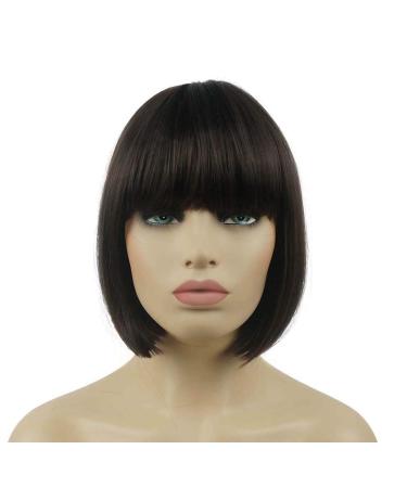 Lydell 8 Straight Short Bob Hair Flat Bangs Cute Central Dot Skin Top Heat Resistant Synthetic Wigs (Chestnut Brown)