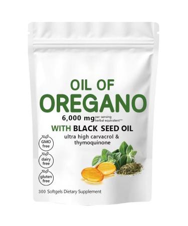 Oil of Oregano Softgels 2 in 1 6000mg Oil of Oregano with Black Seed Oil 200mg Oregano Oil Supplement Non-GMO Gluten Free 300 Capsules (1)