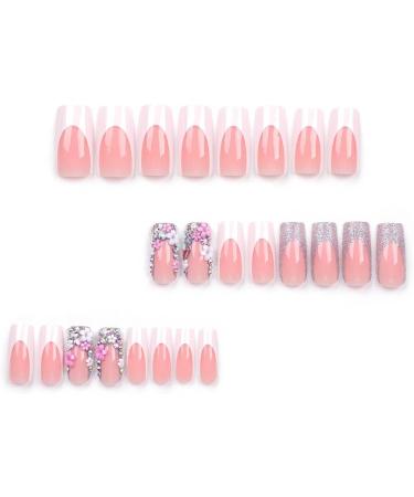 Shop Pink Glossy Ballerina French Press On Nails - 24Pc Acrylic False Nails with Rhinestones & White Tips for Women | International Shipping Available - Buy Online on GoSupps.com