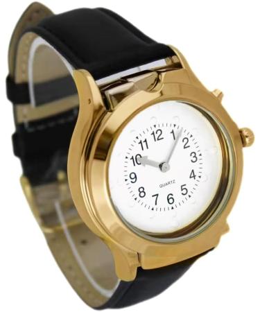QIATKWH English A Quartz Touch & Speak Watch - Gold Alloy Case & Black Leather Strap | International Shipping Available - Buy Online on GoSupps.com