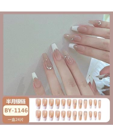 24Pcs/Set Press On Nails Long French White Edge Broken Diamond False Nails Acrylic Fake Nails Full Cover Nails Tips Artificial Finger Manicure Press on nails for Women and Girls - Buy Online on GoSupps.com