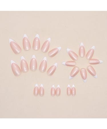 White French Tip Press On Nails - Almond Pink Chrome Design Full Cover Long Acrylic False Nails for Women & Girls - 24 Pcs - Buy Online on GoSupps.com