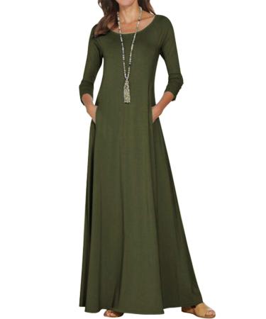 Jacansi Women's 3/4 Long Sleeve Maxi Dresses Casual Boat Neck Dress with Pockets S Green