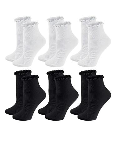 Akamas 6 pairs women tips ruffles socks soft breathable cotton socks turning cuffs wave socks funny casual socks solid short socks ankle socks Sneakers socks for women girls 35-41 white and black