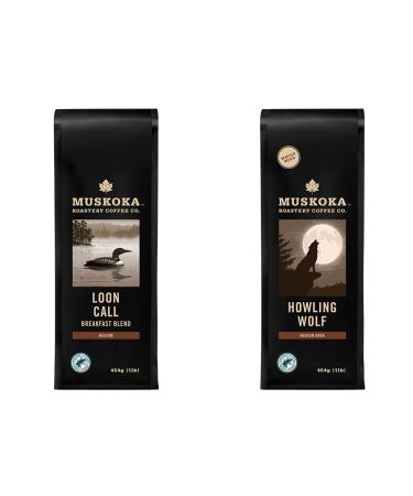 Muskoka Roastery Coffee Loon Call Breakfast Blend Medium Roast Ground Coffee 454g & Howling Wolf Medium Dark Roast Whole Bean Coffee 454g Ground Coffee + Coffee Howling Wolf