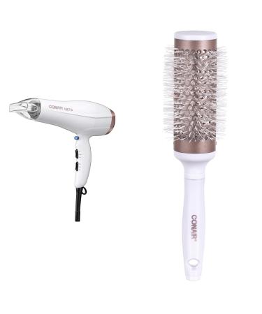 Double Ceramic 1875W Hair Dryer 1.7 pounds & Double Ceramic Thermal Round Blow Drying Brush For Women Men All Hair Types-Lengths (58778WC -4CT) White