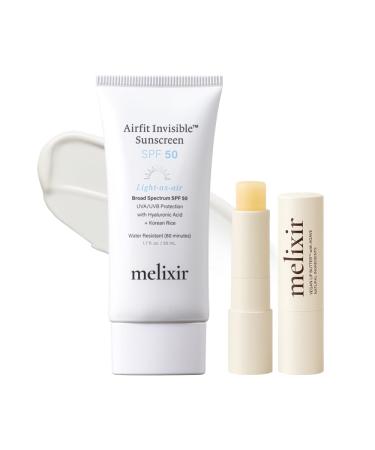 Melixir Best Seller Duo Airfit Invisible Sunscreen & Vegan Lip Butter #01 Agave Korean Rice Sunscreen with No White Cast Hydrating Soft Lip Balm for Dry Lips Gift for Women Travel Essential