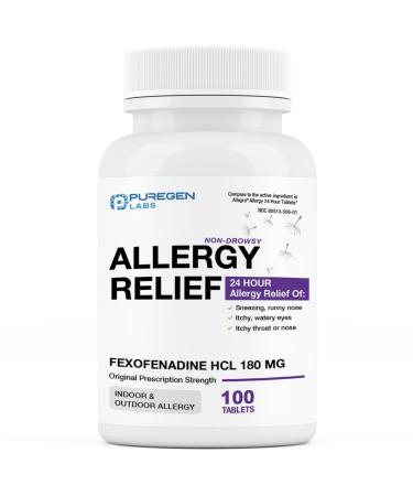 Puregen Labs Allergy Relief Fexofenadine 180mg 100 Tablets 24 Hour Non-Drowsy Antihistamine Allergy Medicine for Runny Nose Sneezing Itchy Watery Eyes - Made in USA