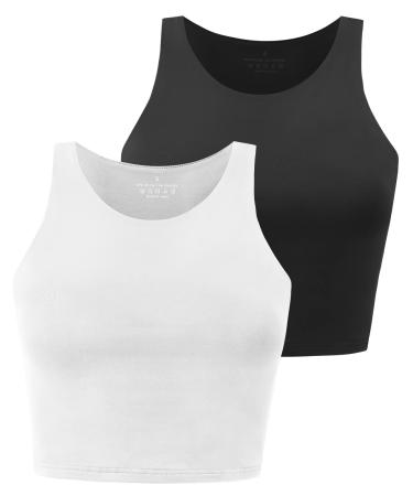 Yeawinta Workout Crop Tops for Women Cropped Racerback Halter Neck Shirts Sleeveless Yoga Tops Pack 2 Pack Black/White Medium