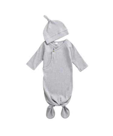 Verve Jelly Newborn Baby Girl Boy Knit Knotted Nightgown Long Sleeve Sleeper Gown with Hat for Unisex Baby Grey