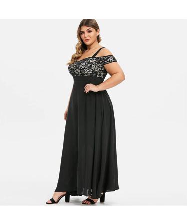 Plus Size Floral Long Dress for Women Cold Shoulder Lace Embroidery Elegant Party Evening Short Sleeve Dresses XX-Large black - Buy Online on GoSupps.com