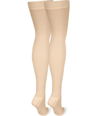 NuVein Thigh Length Compression Stockings 20-30 mmHg Support - Open Toe - Light Beige - Medium (1 Pair) - Buy Online on GoSupps.com