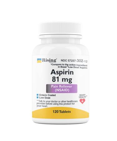 Rising Health Pain Relief - Low Dose Aspirin 81mg for Adults - Compared to Bayers - Enteric Coated Low Strength Aspirin Tablets - Pain Reliever for Minor Aches and Pains - Made in USA (120 Counts) 1 Count (Pack of 1)