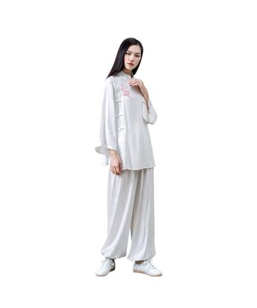 KSUA Women Tai Chi Uniform Cotton Kung Fu Uniform Chinese Style Zen Meditation Casual Long Sleeve Morning Excerises Outfit US XS/ Tag S White