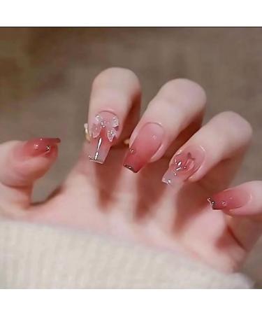 24Pcs/Set Press On Nails Sweet French icy refreshing butterfly bright pink honey loving peach Mid Length False Nails Acrylic Fake Nails Full Cover Nails Press on nails for Women and Girls - Buy Online on GoSupps.com