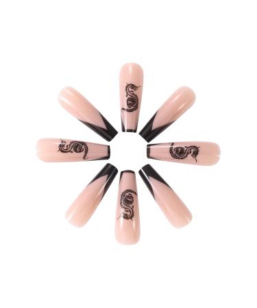 Brishow Pink Long Press-On Nails with Black Dragon French Design | 24-Piece Artificial Nails for Women & Girls - Buy Online on GoSupps.com