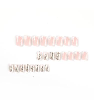 Glitter Acrylic French Tip Press On Nails - Square False Nails with Cute Designs - Medium White Full Cover Stick On Nails for Women - Manicure Decoration - Style 6 - Buy Online on GoSupps.com
