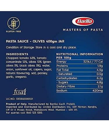 Barilla Pasta Sauce - Olives with 100% Italian Tomatoes 400 gm | Non - GMO Project Verified | Vegan | Gluten free | No added Colour or Presevatives Pasta 400 g (Pack of 1) - Buy Online on GoSupps.com