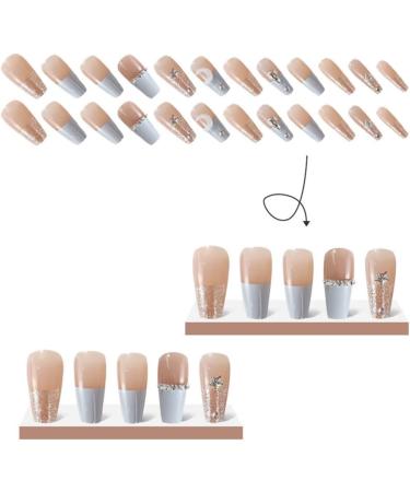 Eighosee 1Set Star Moon Color Blocking Wearable Nail Sea Salt Macaron Color Clear Diamond Model - Buy Online on GoSupps.com