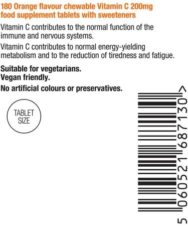 Vitawell Chewable Vitamin C 200mg - 180 Tablets - Orange Flavour - Immune Health Support - 6 Months Supply - Buy Online on GoSupps.com