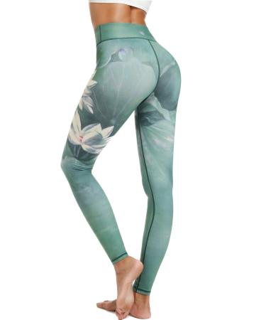 HAPYWER YOGA leggings women High Waist Yogahose Bunt Gym Sport Leggings Tummy Control Running Workout - Stretch compression pants with impression for women M Lotos Green