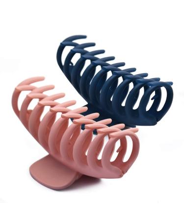 Big Hair Claw Clips, Trendy Matte Plastic Large Hair Clips for Women, Cute Acrylic Long Banana Jaw Clips for Thick Hair, Girls Hair Styling Accessories with Hair Ties (Pink, Navy Blue) Hair Claws