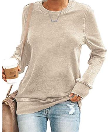 SENSERISE Womens Casual Crewneck Sweatshirt Long Sleeve Solid Color Shirt Soft Lightweight Loose Top Large Solid Beige