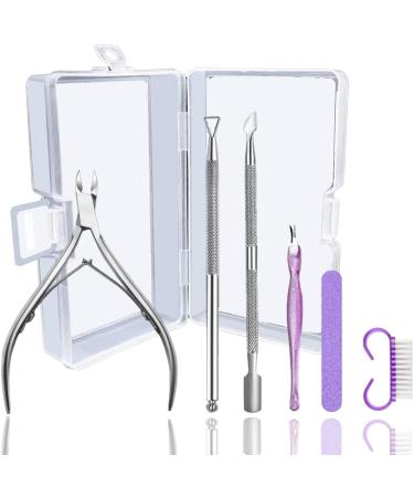 Cuticle Scissors with Cuticle Pusher Set 6-Piece Nail Trimmer Set Cuticle Scissors Cuticle Fork Nail Cleaning Brush Stent File Nail Steel Pusher Triangular Nail Pusher Stainless Steel (02)