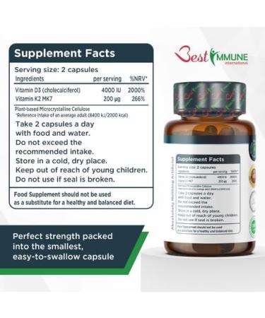 Best Immune International Best Immune Natural Vitamin D3 4000IU K2 MK7 200mcg Premium Quality 100 Capsules Immune Support Maximum Absorption Premium Quality - Buy Online on GoSupps.com