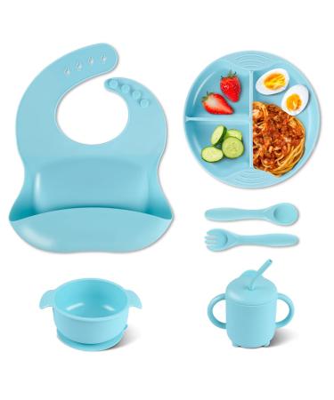 Kinggrand Kitchen Baby Feeding Set Baby Led Weaning Supplies Silicone Food Grade Suction Plates Bowls Straw Cup Dishes for Baby Blue